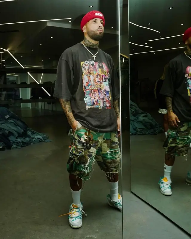 Nicky Jam outfit in We11done, Gallery Dept., and GCDS, 2021