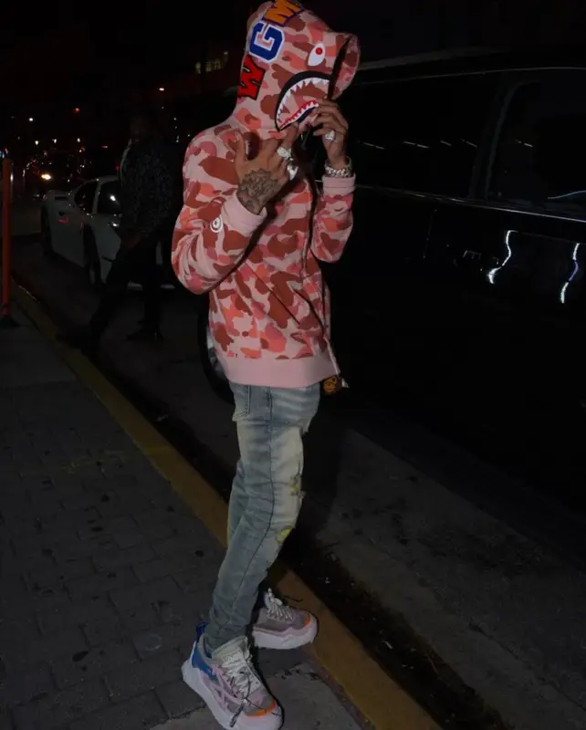 SpotemGottem outfit in Bape, Off-White, and Mitchell & Ness, 2021