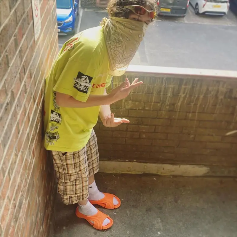 Bladee outfit in Hood by Air, Helly Hansen, and Balenciaga, 2021