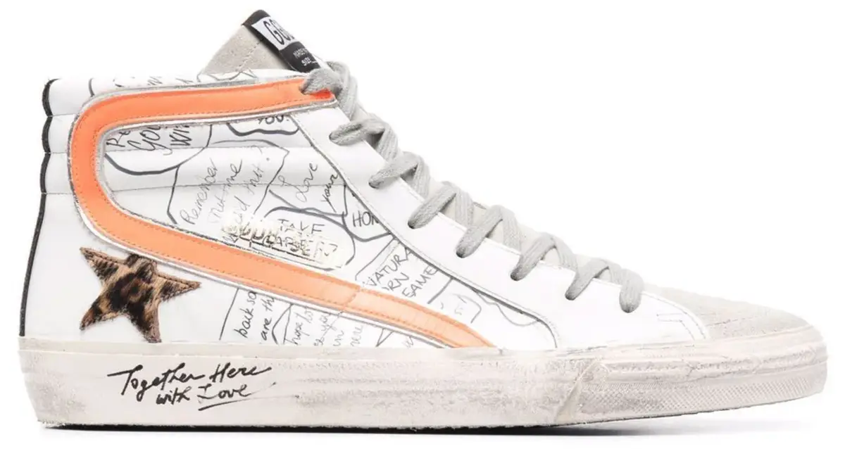 Golden Goose Slide Scribble Print Hi-Top White Sneakers $575