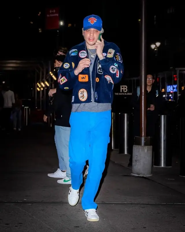 Pete Davidson outfit in Bode, Theory, and New Era, 2021