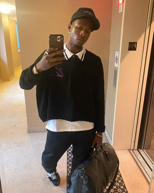 Joey Badass outfit in Off-White, Louis Vuitton, and Nike, 2021