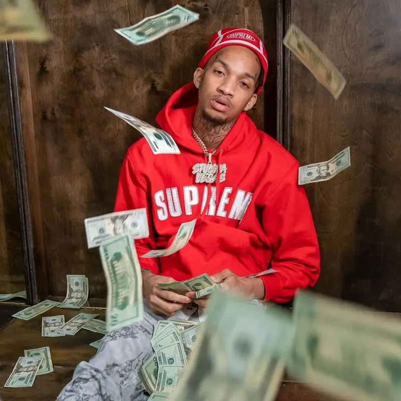 Stunna 4 Vegas outfit in Purple Brand, Nike, and Supreme, 2021