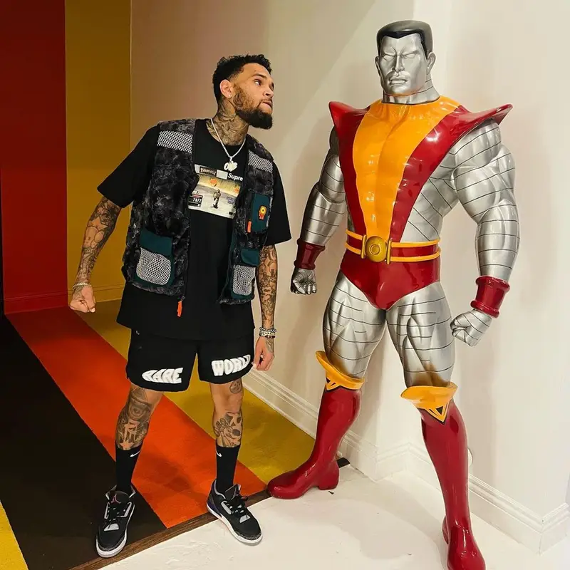 Chris Brown outfit in Brain Dead, Supreme, and Jordan, 2021