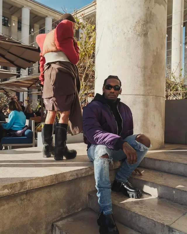 Offset outfit in Prada and Rick Owens, 2021
