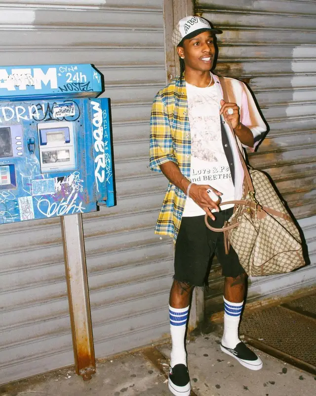 ASAP Rocky outfit in Rick Owens, Kapital, and Gucci, 2021