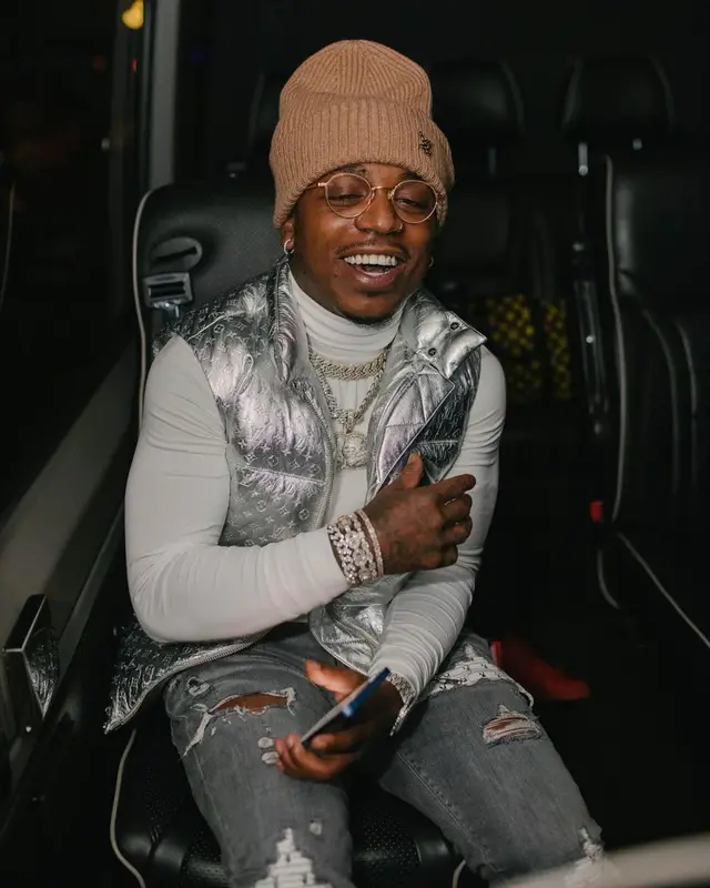 Jacquees outfit in Amiri, Louis Vuitton, and Playboy, 2021