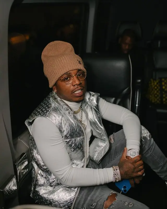 Jacquees outfit in Amiri, Louis Vuitton, and Playboy, 2021