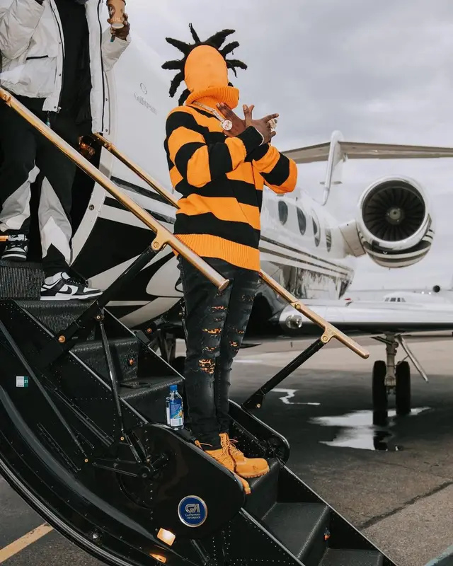 Kodak Black outfit in Burberry, Amiri, and Timberland, 2021