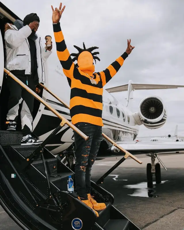 Kodak Black outfit in Burberry, Amiri, and Timberland, 2021