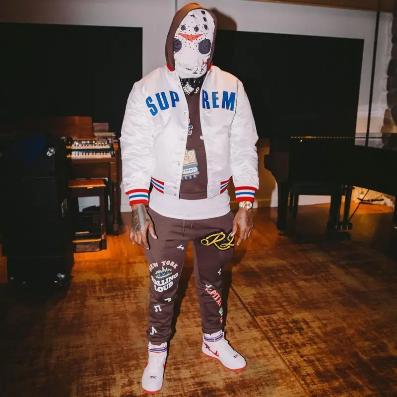 Babyface Ray outfit in Supreme, Rolling Loud Merch, and Mitchell & Ness, 2021