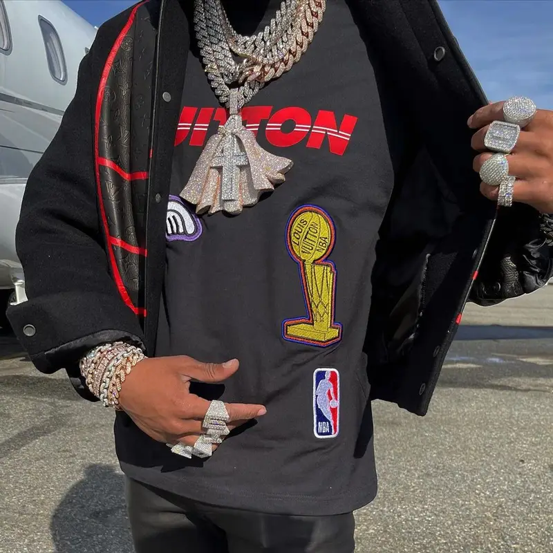 Lil Baby outfit in Louis Vuitton, Amiri, and NBA, 2021