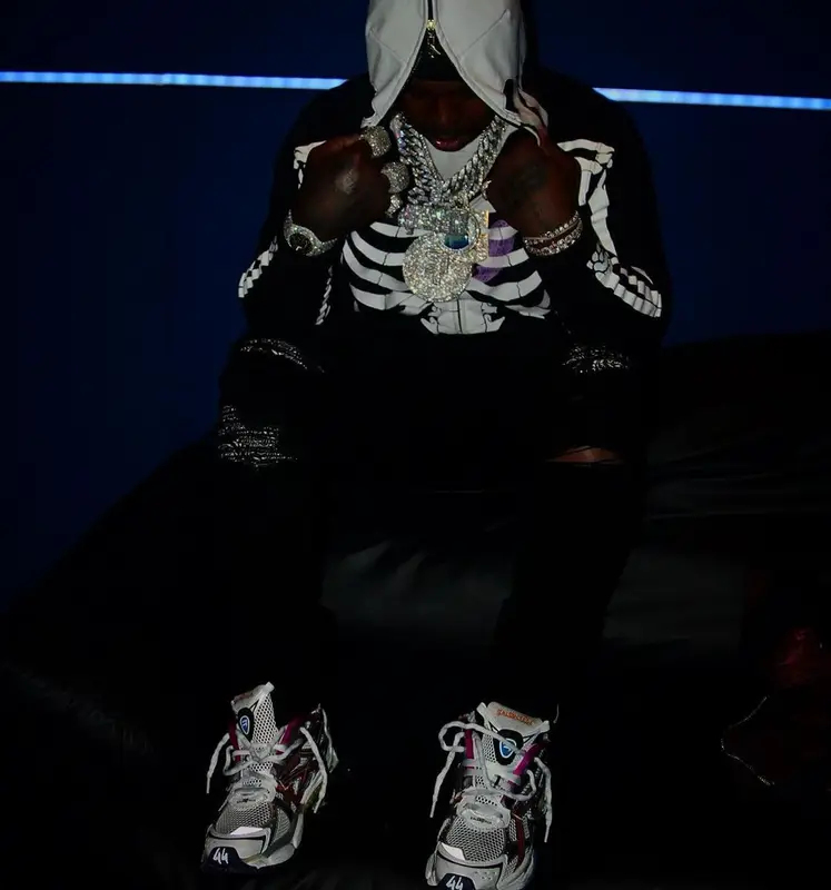 EST Gee outfit in Lifted Research Group, Amiri, and Balenciaga, 2021