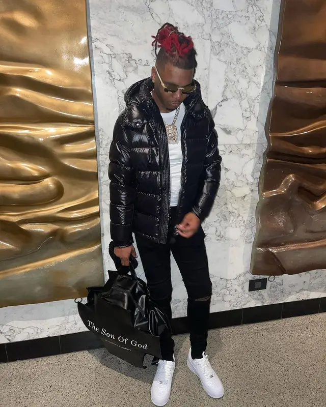 Lil Keed outfit in Moncler, Amiri, and Supreme, 2021