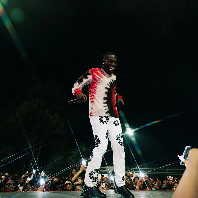 Burna Boy outfit in Emotionally Unavailable, Denim Tears, and Bottega Veneta, 2021