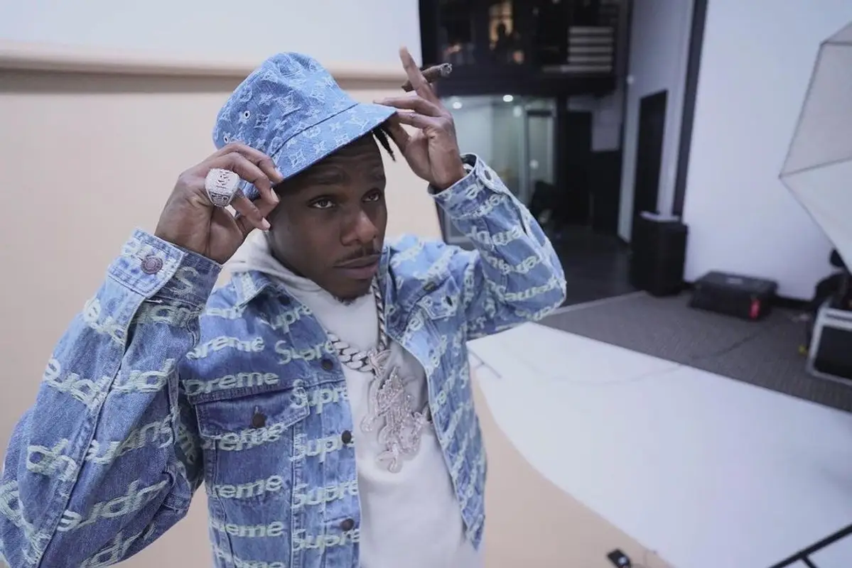 DaBaby outfit in Supreme and Louis Vuitton, 2021