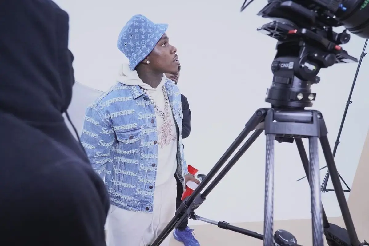 DaBaby outfit in Supreme and Louis Vuitton, 2021