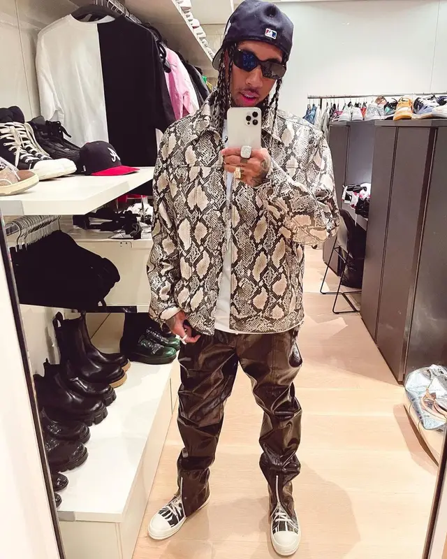 Tyga outfit in Bottega Veneta, Rick Owens, and Prada, 2021