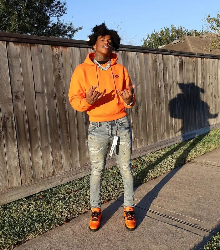 Yungeen Ace outfit in Off-White, Purple Brand, and Louis Vuitton, 2021