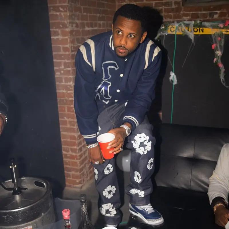 Fabolous outfit in Levi’s, Jordan, and Denim Tears, 2021