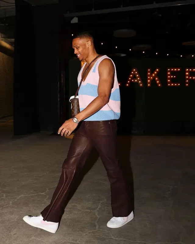 Russell Westbrook outfit in Prada, Nike, and Louis Vuitton, 2021