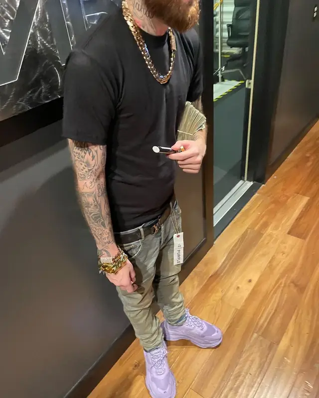 Gutta100 outfit in Purple Brand, Balenciaga, and Louis Vuitton, 2021