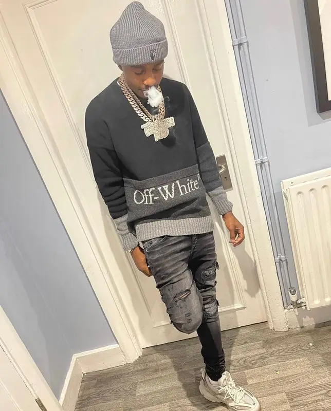 Lil Tjay outfit in Amiri, Balenciaga, and Off-White, 2021