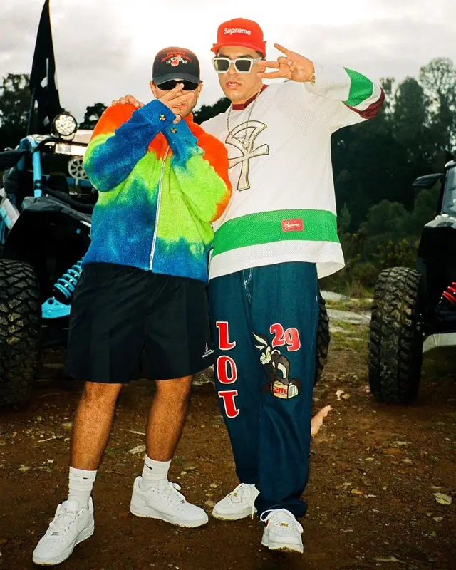 Feid outfit in The Elder Statesman, Balenciaga, and Nike, 2021