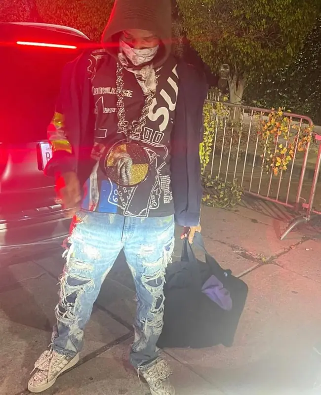 ASAP Rocky outfit in Vlone, Adidas, and Rick Owens, 2021