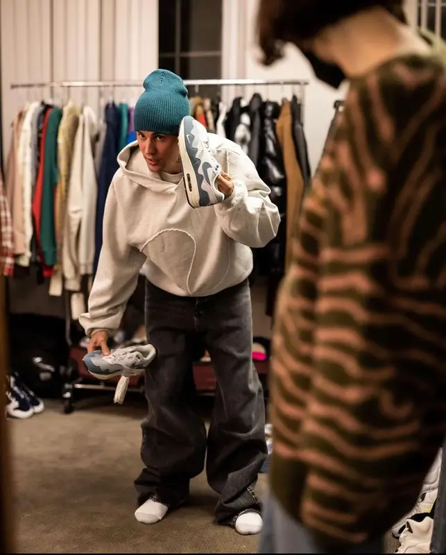 Justin Bieber outfit in ERL, Acne Studios, and X Karla, 2021