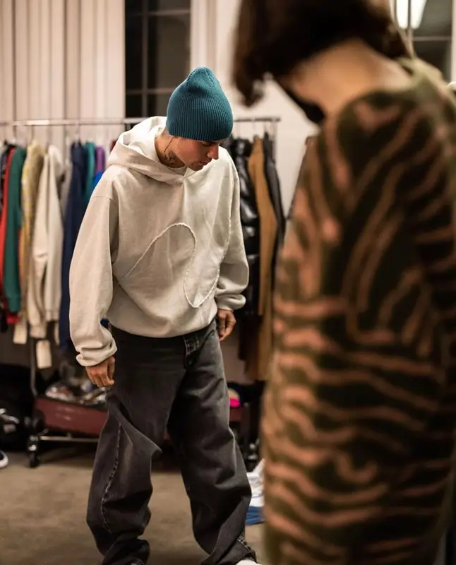 Justin Bieber outfit in ERL, Acne Studios, and X Karla, 2021