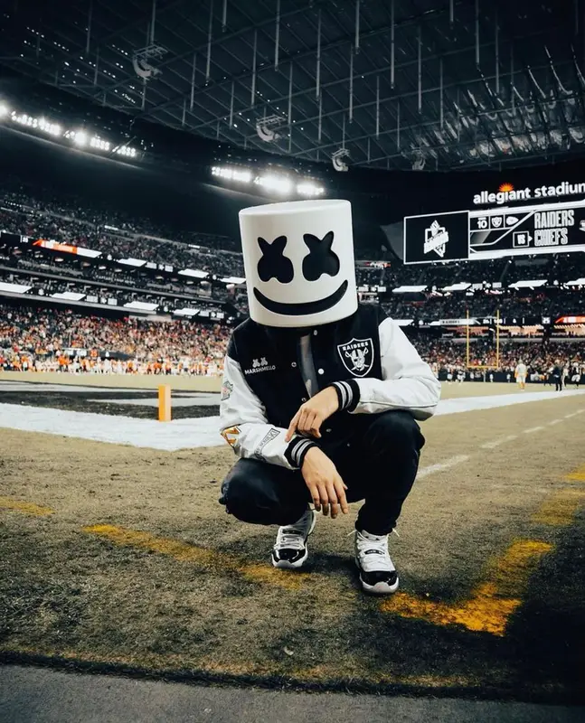 Marshmello outfit in Las Vegas Raiders, Amiri, and Marshmello Merch, 2021