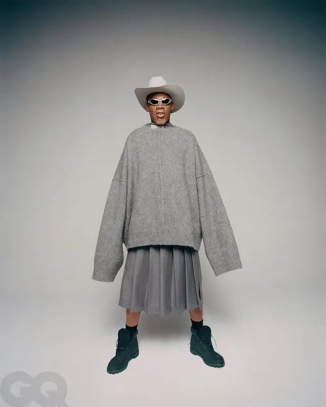 Dennis Rodman outfit in Raf Simons, Balenciaga, and Stetson, 2021
