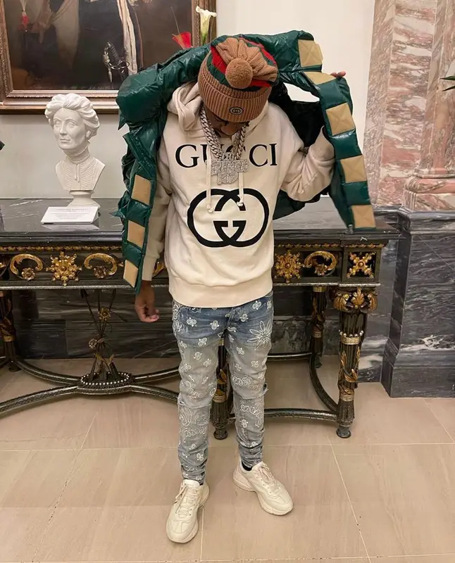 Lil Tjay outfit in Amiri and Gucci, 2021