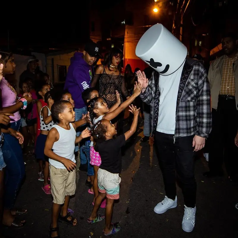 Marshmello outfit in Rhude, Amiri, and Marshmello Merch, 2021
