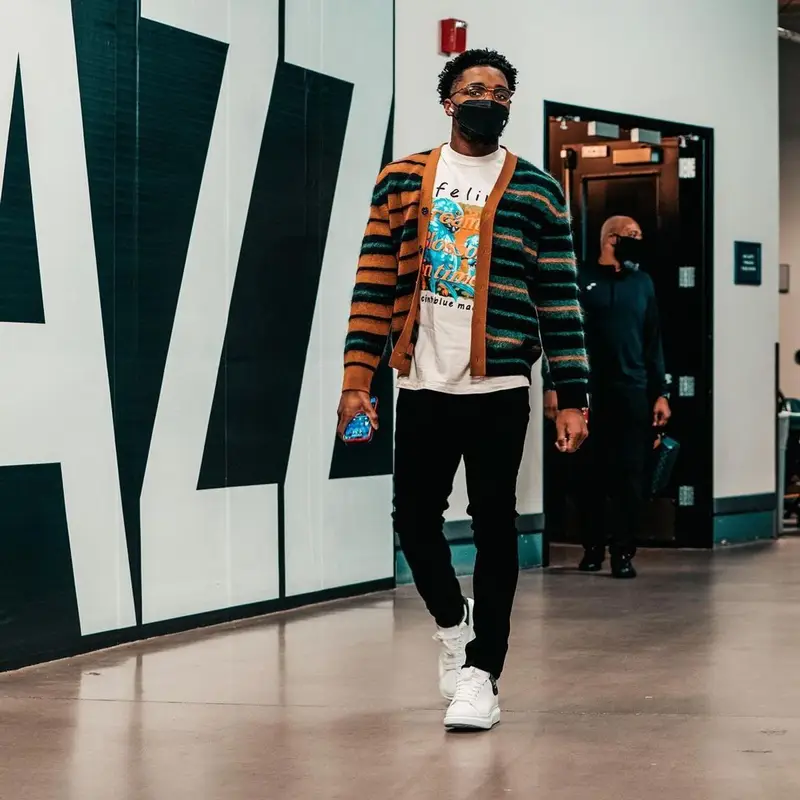 Donovan Mitchell outfit in Paul Smith, John Elliott, and Dita, 2021