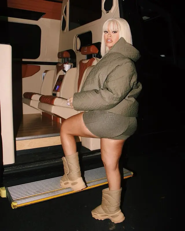 Latto outfit in Fendi, Skims, and Yeezy, 2021