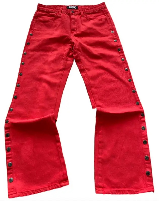 Novacaine Poppy Red Flared Snap Jeans $400