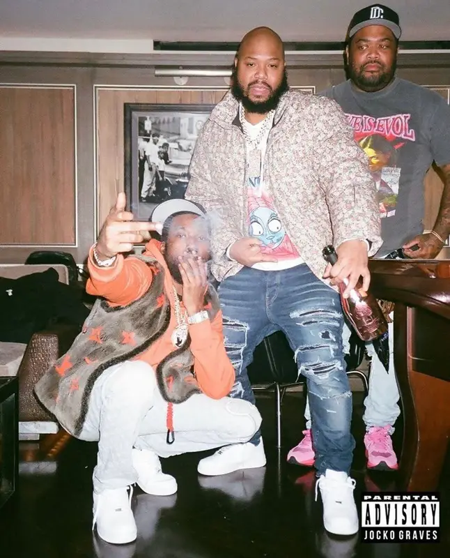 Meek Mill outfit in Louis Vuitton, NBA, and Nike, 2021