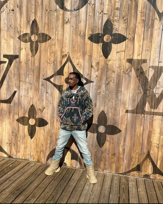 Quavo outfit in Kapital, Yeezy, and Cartier, 2021