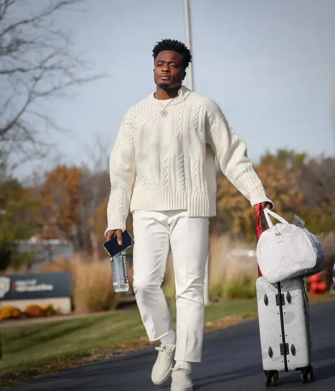 Marquise Goodwin outfit in Feng Chen Wang, Canali, and Fear of God, 2021