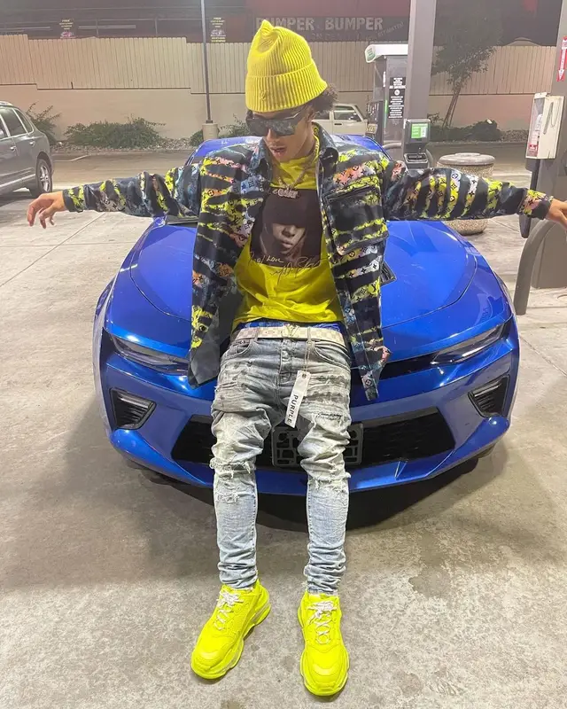Mikey outfit in Purple Brand, Balenciaga, and Louis Vuitton, 2021