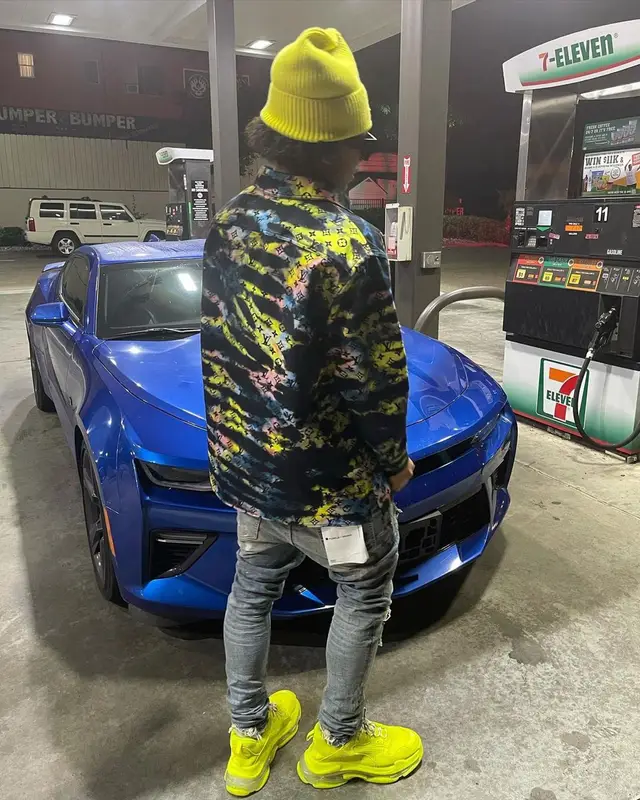 Mikey outfit in Purple Brand, Balenciaga, and Louis Vuitton, 2021