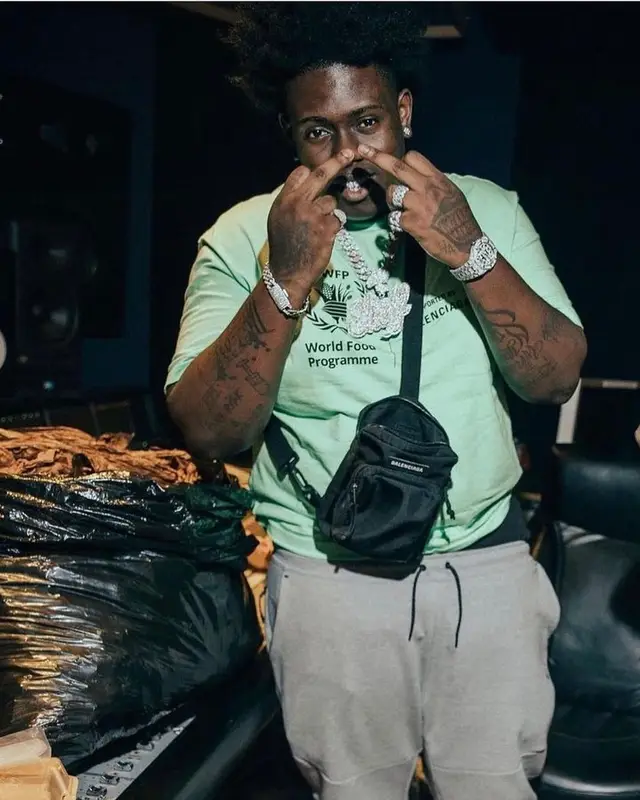 Sheff G outfit in Balenciaga, Nike, and WFP, 2021