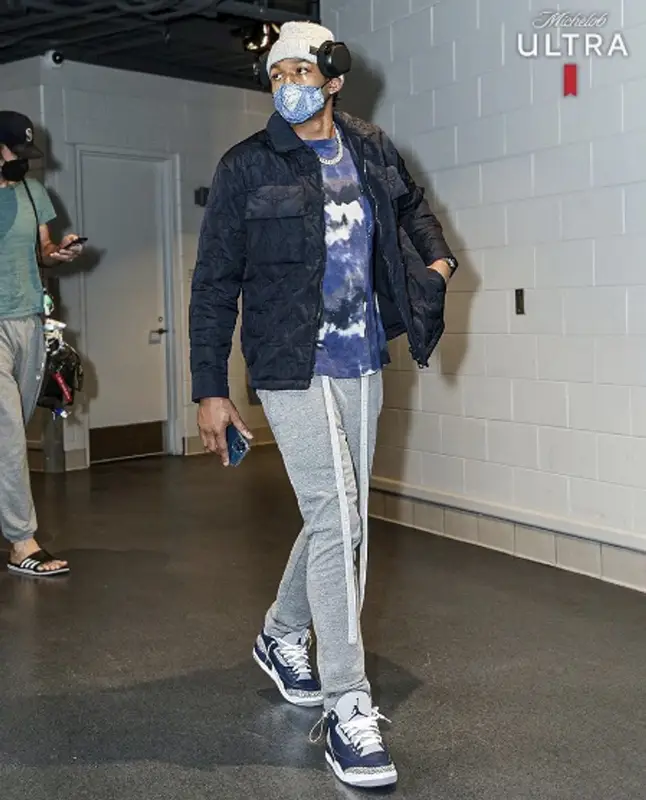 Bradley Beal outfit in Louis Vuitton, Fear of God, and Jordan, 2021