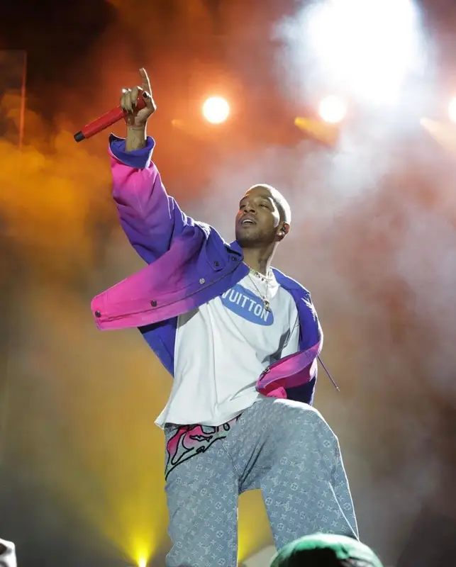 Kid Cudi outfit in Louis Vuitton and Polite Worldwide, 2021