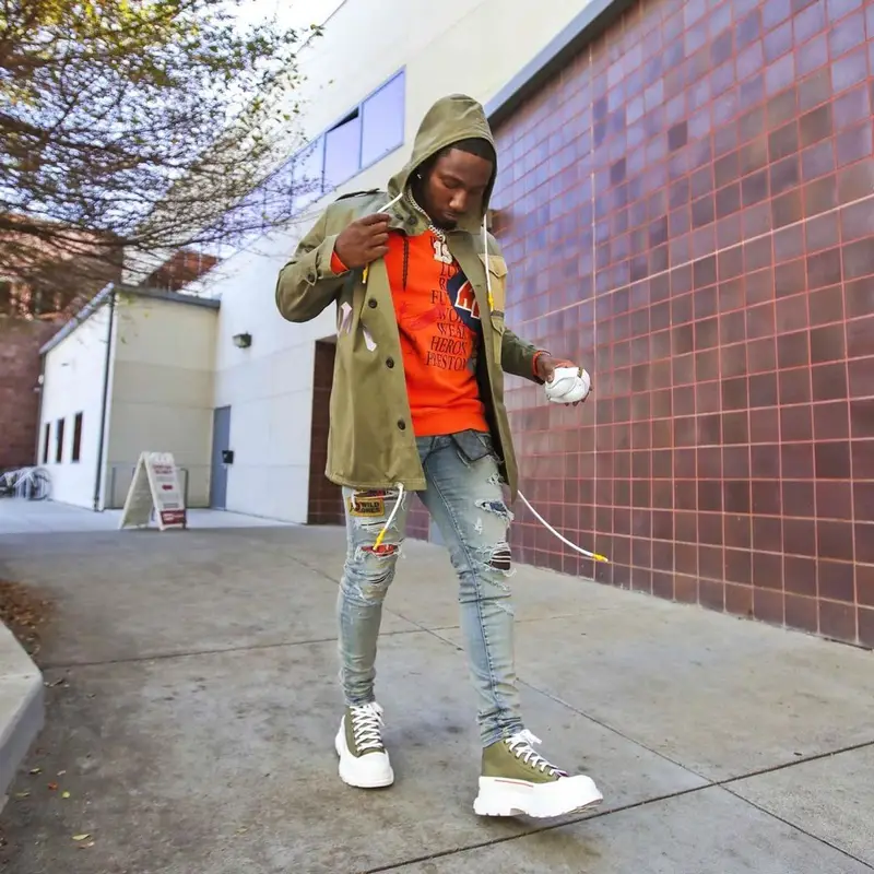 Deebo Samuel outfit in Palm Angels, Heron Preston, and Amiri, 2021