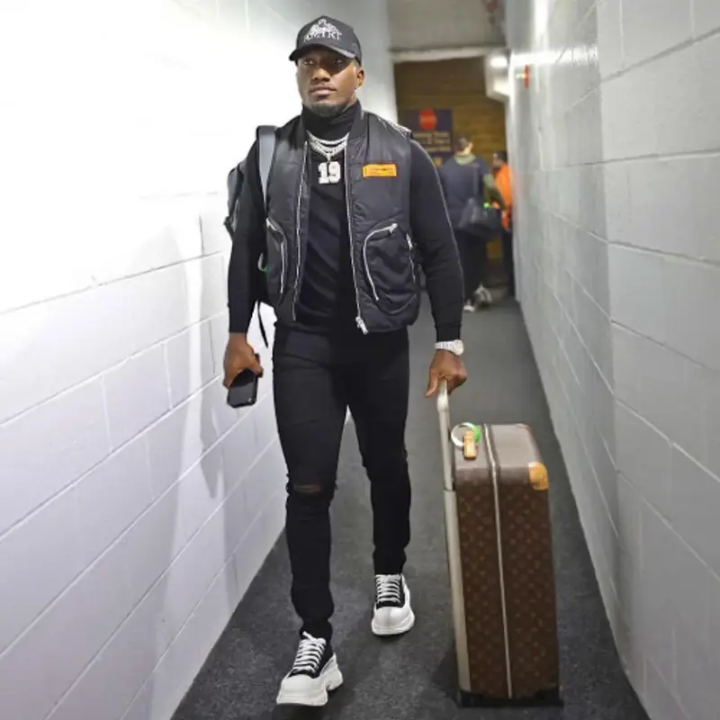 Deebo Samuel outfit in Heron Preston, Alexander McQueen, and Amiri, 2021