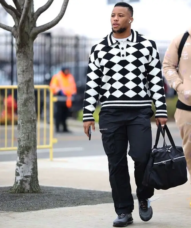 Saquon Barkley outfit in Rhude, Louis Vuitton, and Off-White, 2021