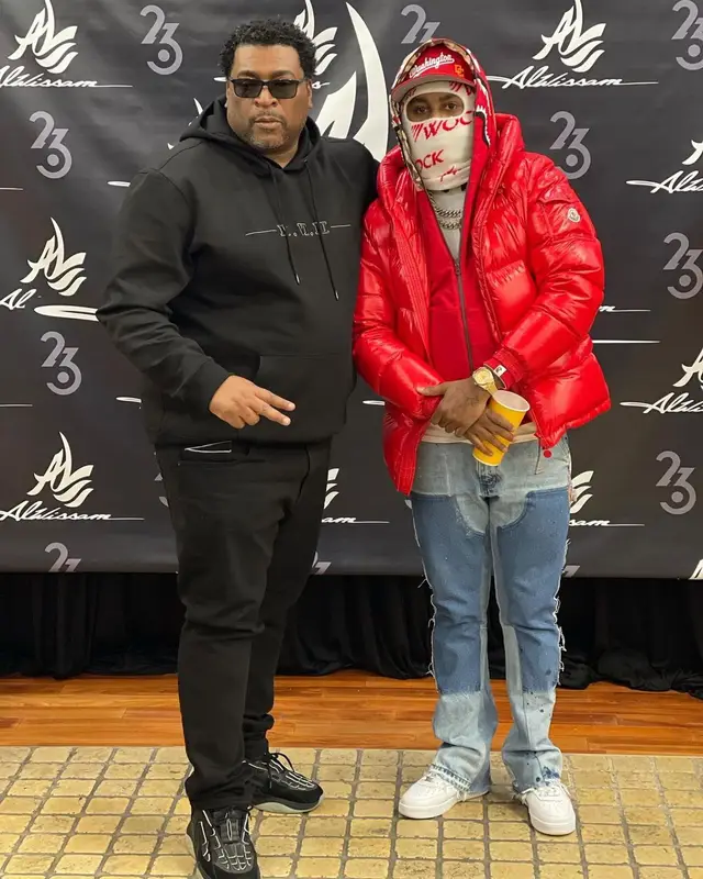 Babyface Ray outfit in Moncler, Bape, and Purp&Red Clothing, 2021